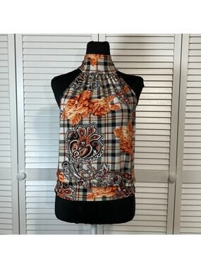 Vixen Vintage Glamour White Mixed Plaid Floral Paisley Halter Neck Blouse L